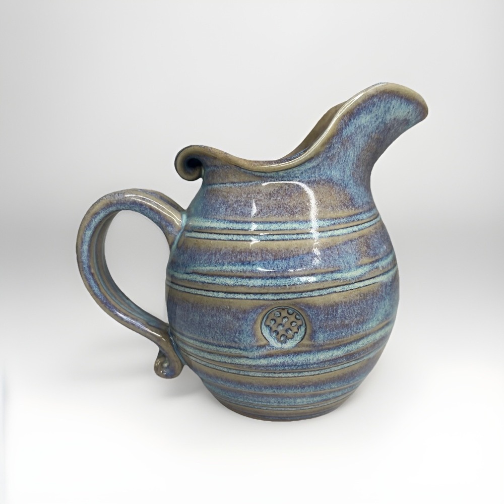 Art Pottery Creamer Blue Purple Tan Glaze Handmade Signed 4.5"‎ Tall Stamped
